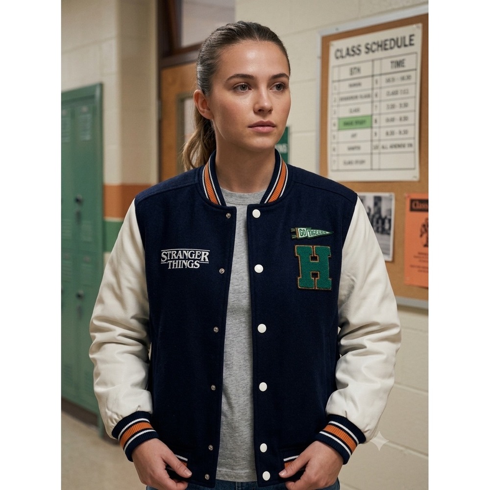 HM Stranger Things Hawkins High Varsity Jacket Navy Blue White Orange Large H